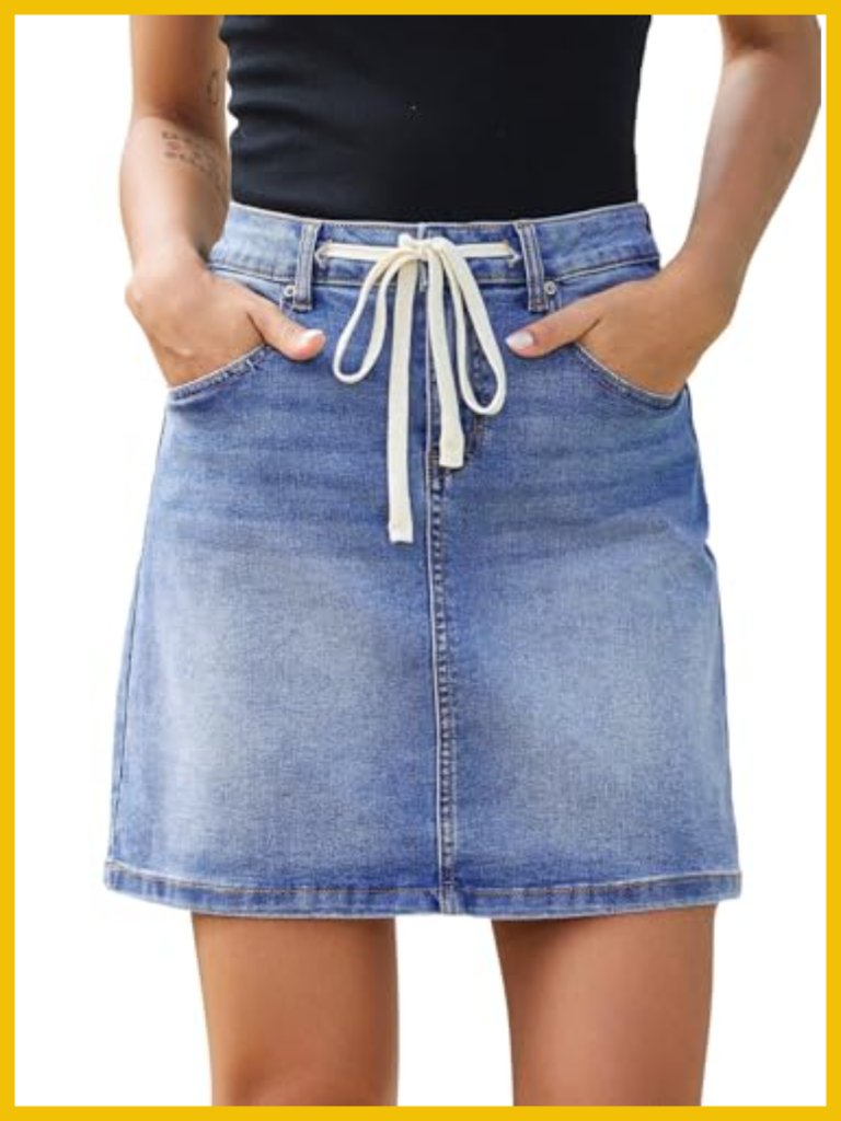 High Waist Drawstring Stretchy Denim Mini Skirt With Pockets